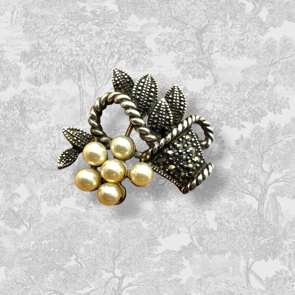 Vintage Marcasite Sterling Silver Pins Set Hugs and Kisses and Flower Basket